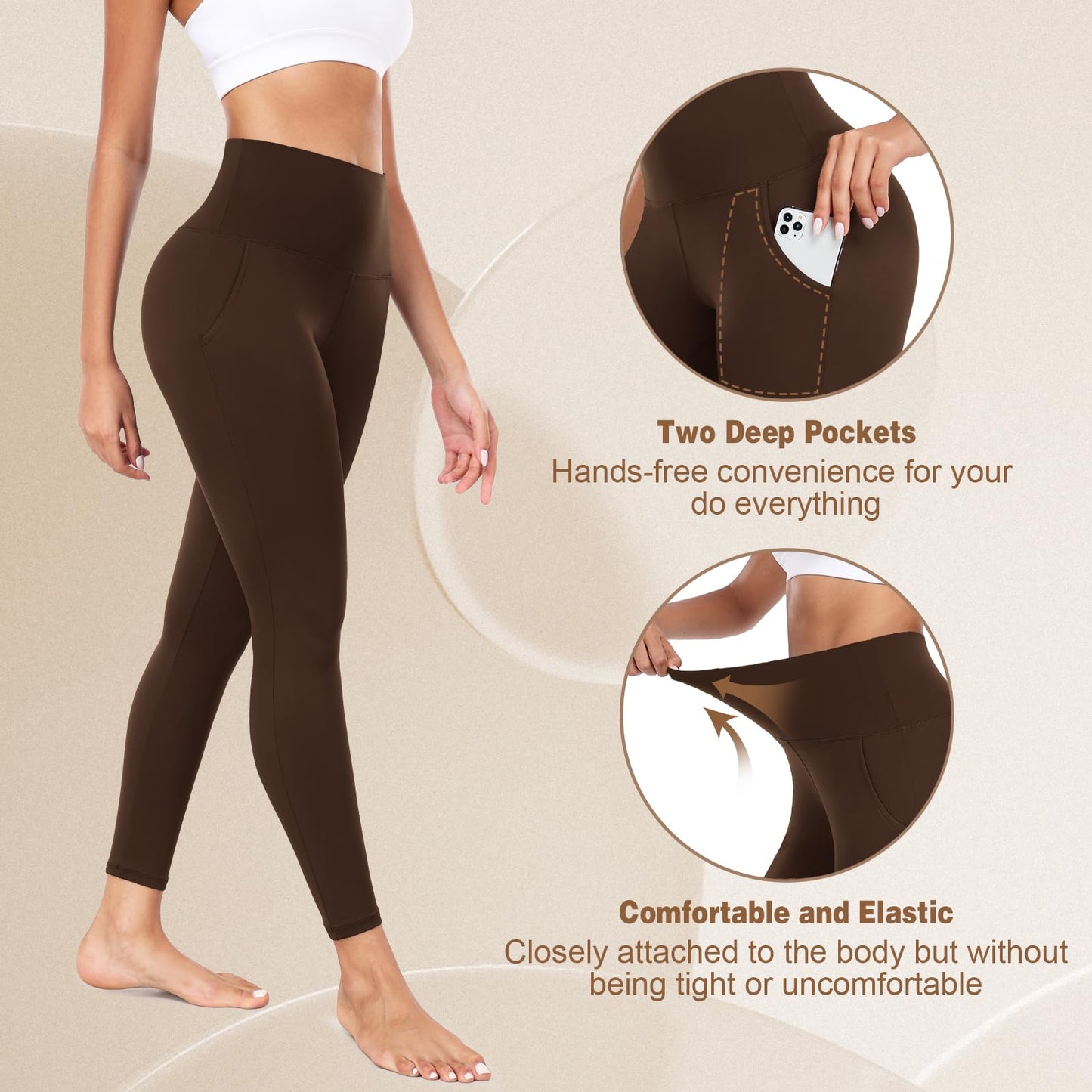 iaoja High Waisted Leggings for Women with Pockets - Tummy Control Soft Workout Running Yoga Printed Pants（Brown Large-X-Large）