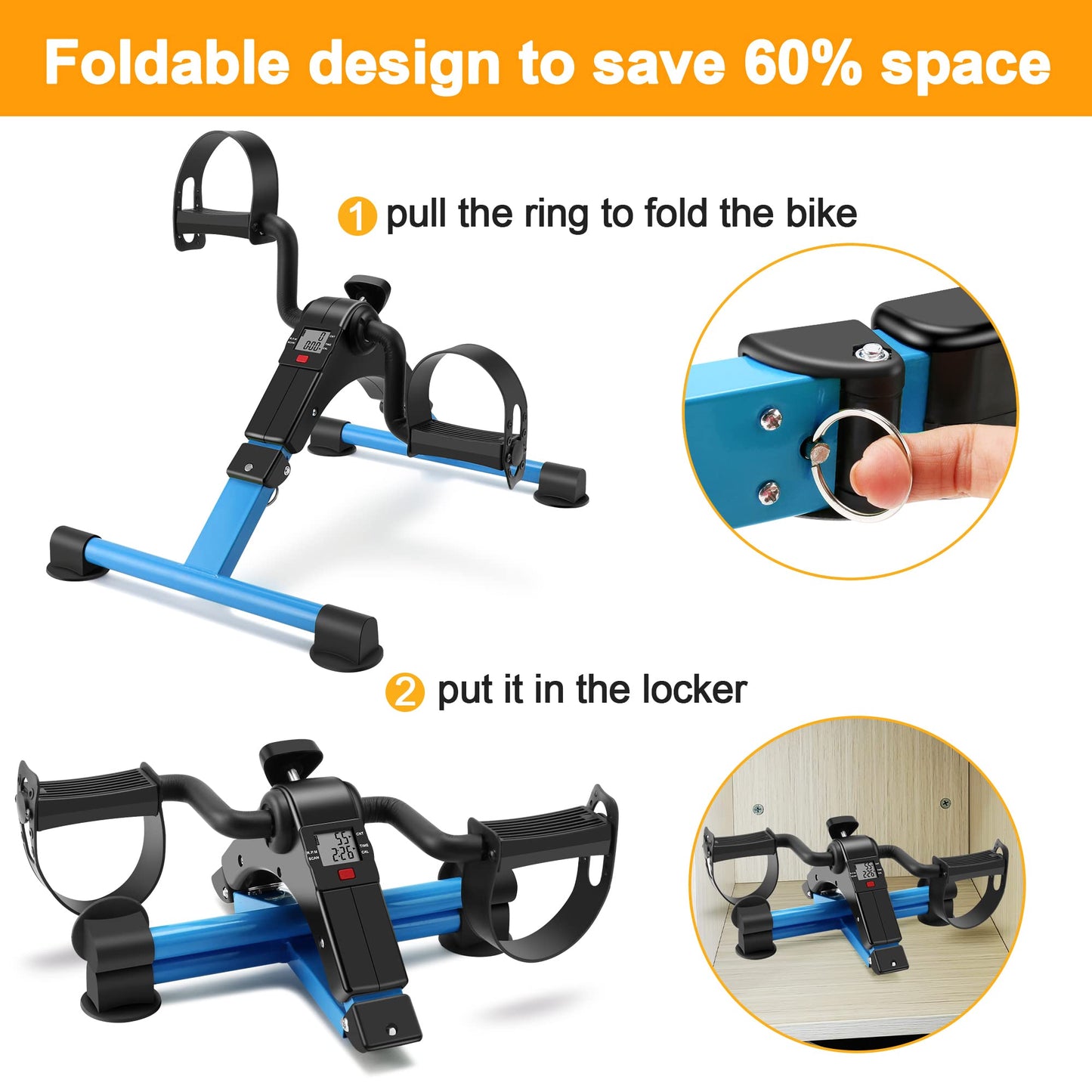 Folding Pedal Exerciser Mini Exercise Bike Portable Peddler Arms and Legs Low Impact Workout Bike with LCD (Blue)