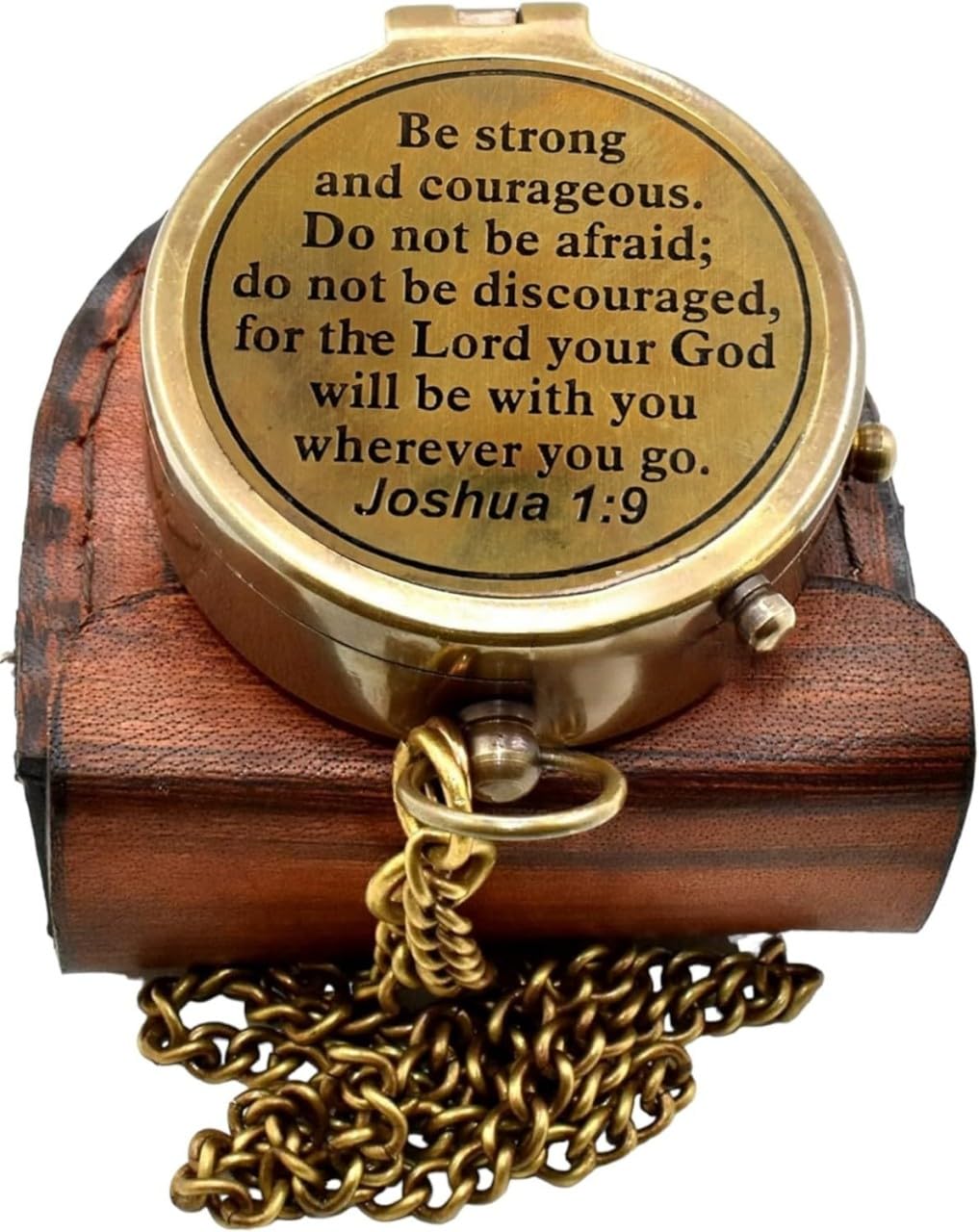 2" Be Strong and Courageous Brass Engraved Compass, Pocket Compass Joshua 1:9,Solid Brass Directional Brass Sundial Compass with Leather Case Baptism Gifts, Gifts for Men Compass,Graduation Day Gifts