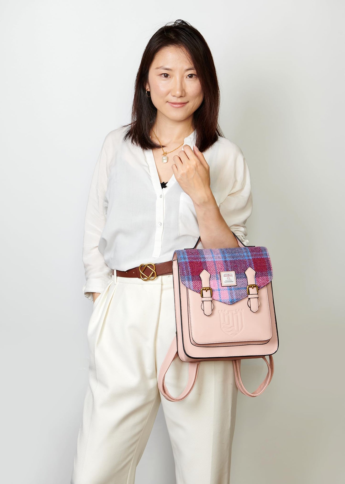 Islander HarrisTweed The Calton Backpack, Pink Blue Tartan