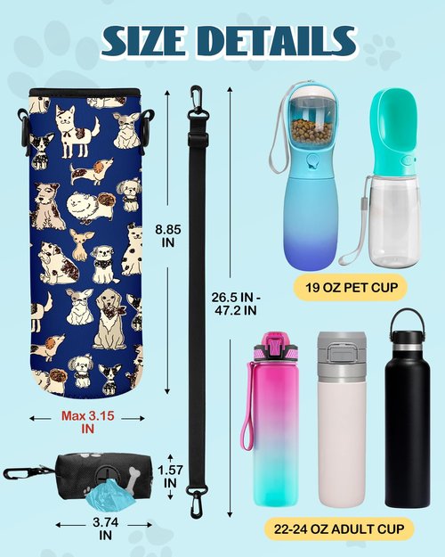 Toykee Portable Neoprene Water Bottle Sleeve - Travel Dog Water Bottle Cover Bag with Puppy Poop Bag Holder, Funny Blue Pet Water Sling Carrier with Adjustable Strap for Walking Hiking