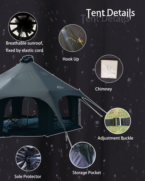 UKGlamping 5M Cotton Canvas Bell Tent - Yurts with Stove Jack, Easy to Set Up，Windproof, Breathable Shade, Family Camping Travel, Group Activities, 4 Season Polyester Cotton Black Tent