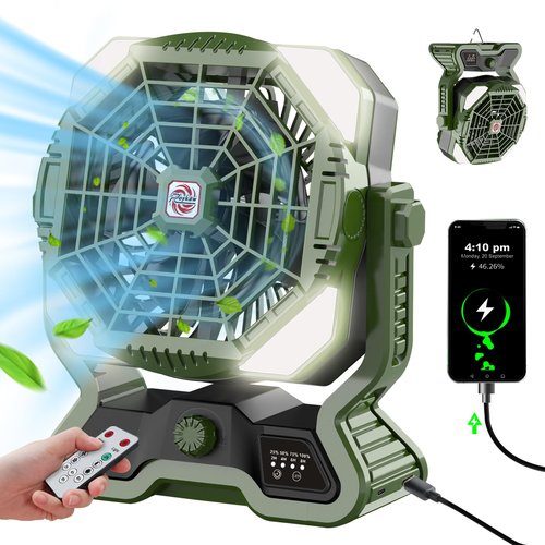 Roykaw Portable Camping Fan w/LED Lantern, 20000 mAH Rechargeable Battery, 36 H Beyond Endurance, Cordless for Outdoor, Stepless Speed/Dual Blade, w/USB Type C Port, Hang Hook