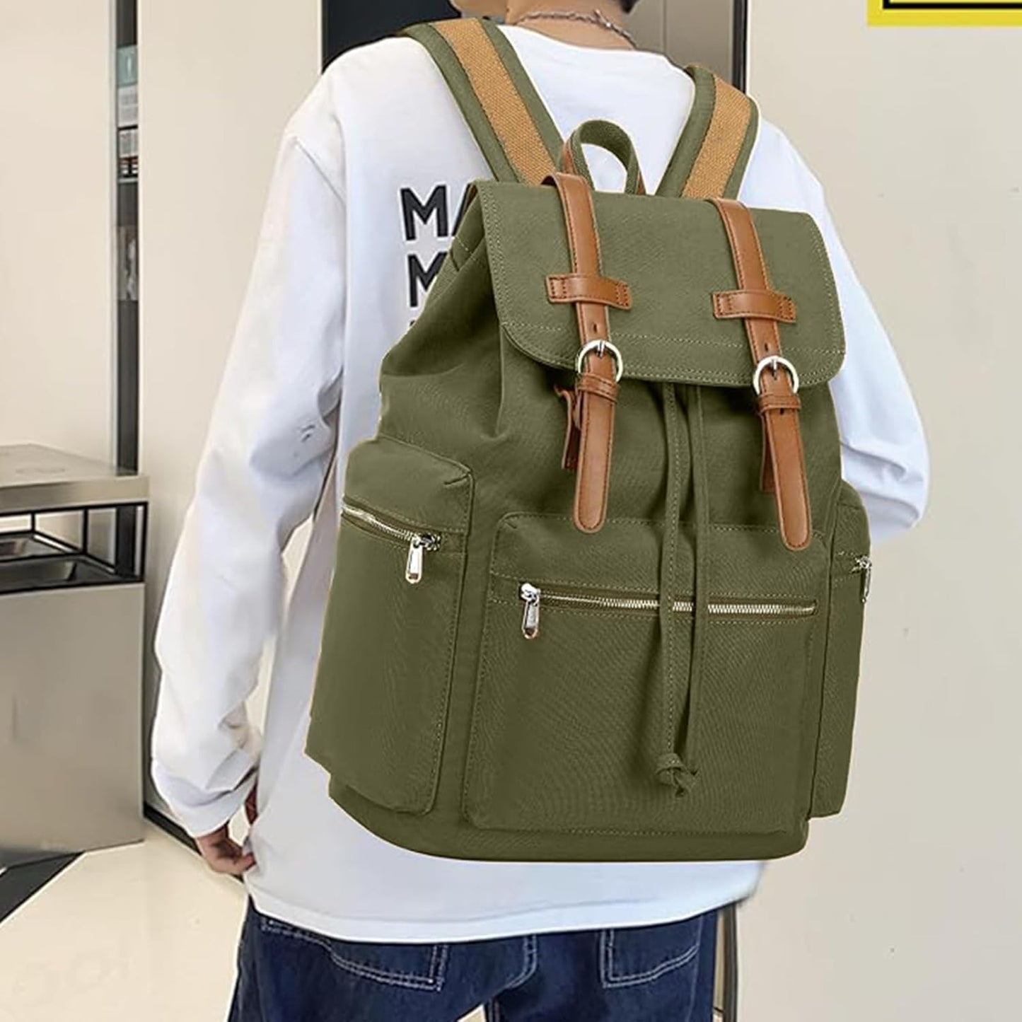 Vintage Leather Trim Backpack for Men & Women | Casual Travel Rucksack for Laptops