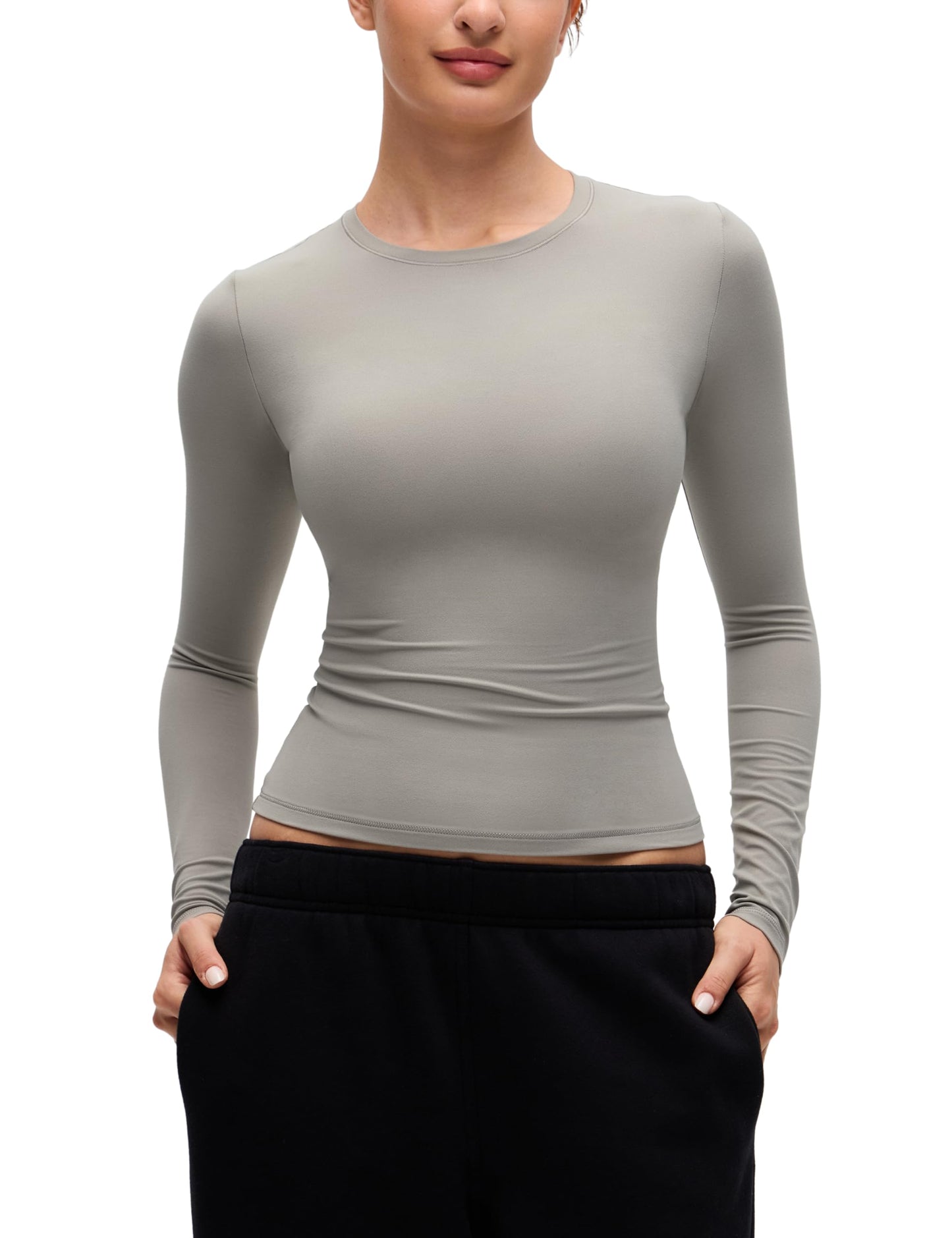 CRZ YOGA Softembrace Crewneck Long Sleeve Shirts for Women - Workout Casual Going Out Tops Soft Fitted Tight Fall T-Shirts Rocky Grey Small
