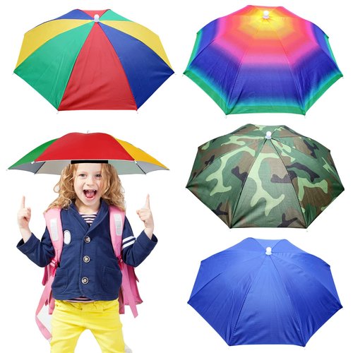 MUFEKUM 4 Pack Umbrella Hats, 20.5" Hands-Free Head Umbrella Hats for Kids, Folding Waterproof Umbrella Cap With Head Strap for Outdoor Party Fishing Sun Rain Beach Golf Hiking