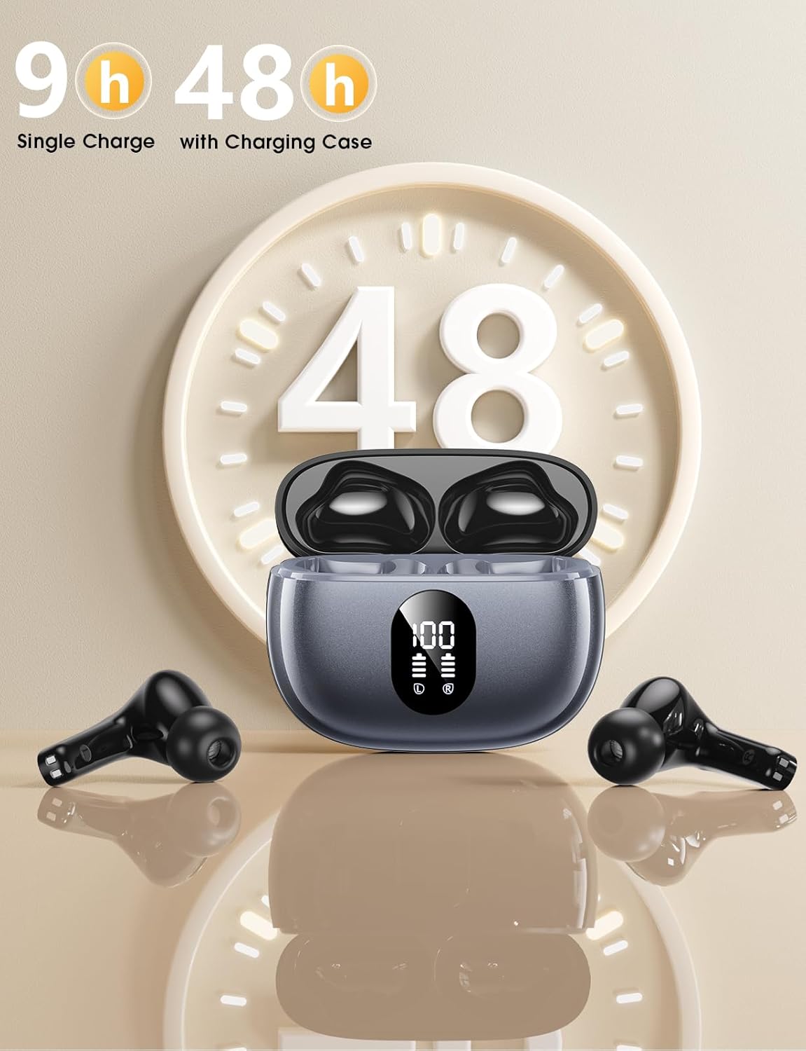 ZZU Wireless Earbuds, Bluetooth Ear Buds with Big Bass Stereo Sound, 48 Hours Playtime, Lightweight in-Ear Fit Earphones, IPX7, Hands-Free Calls with AI for iPhone, Android, Pad, Sports, Workout