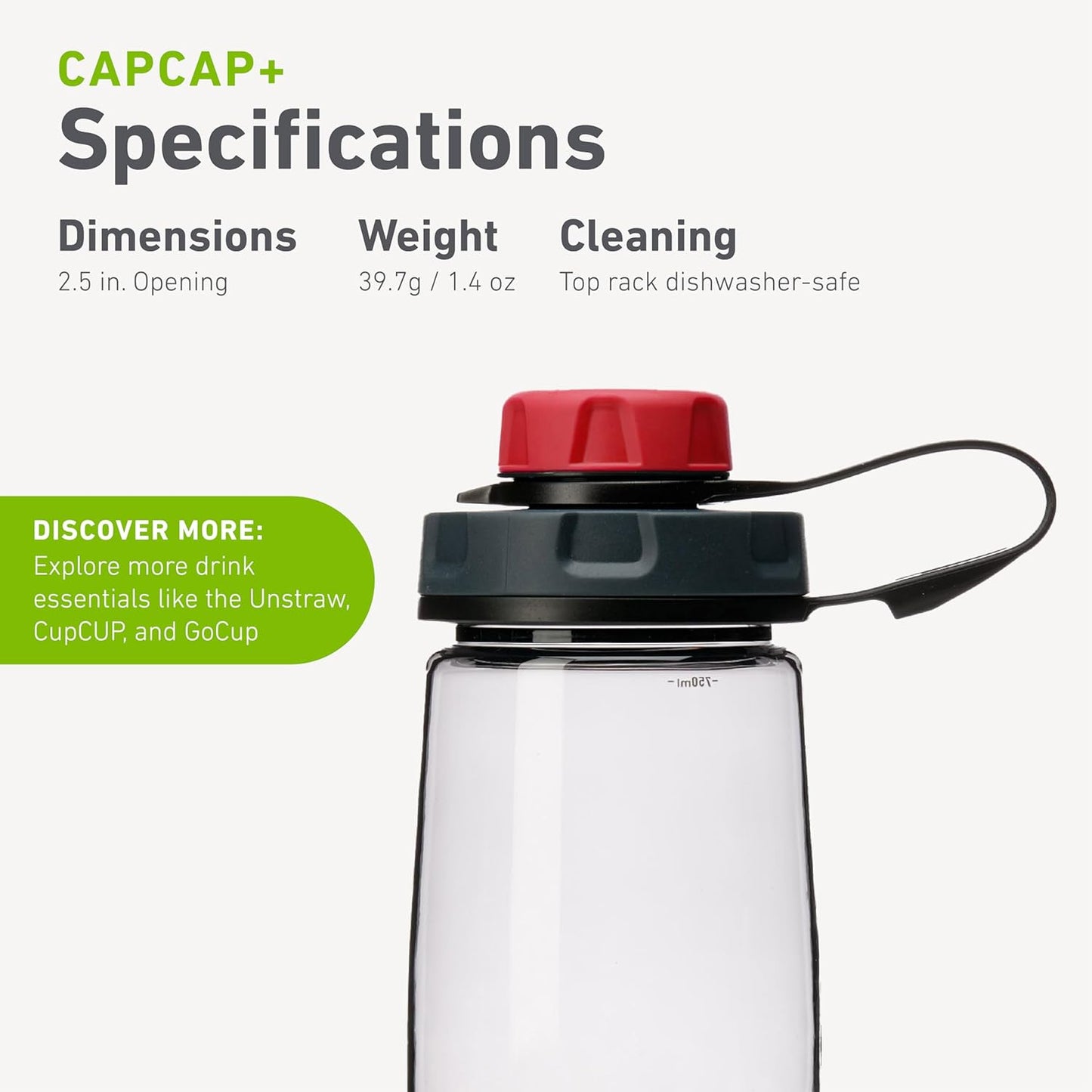 humangear capCAP+ | Converts Wide-Mouth Openings | Secure Easy Open | Food-Safe Material | Water Bottle Accessory Lid