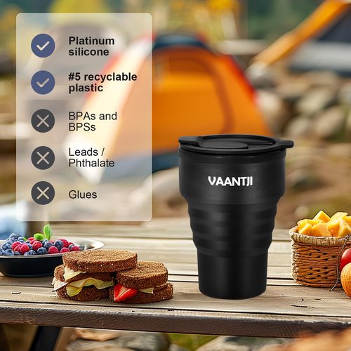VAANTJI Travel Reusable Silicone Collapsible,13 oz/375 ml,Collapsible Travel Mug,Collapsible Cup for Hot and Cold Drinks (Black)