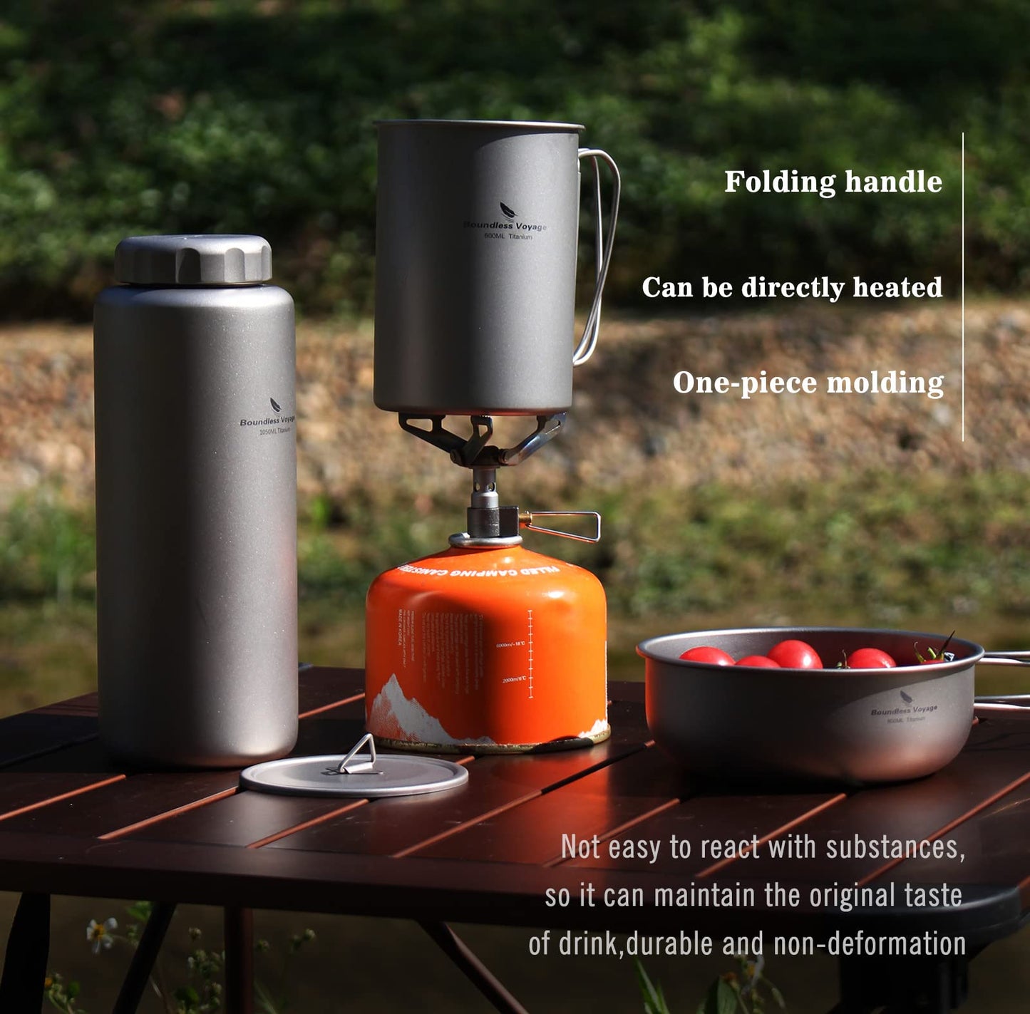 iBasingo 1050ml Titanium Bottle with 600ml Nesting Cup Outdoor Camping Single Layer Wide Mouth Cookware Lightweight Portable Bottle Mug Set Hiking Picnic Solo Cooking Mess Kit Ti3007D