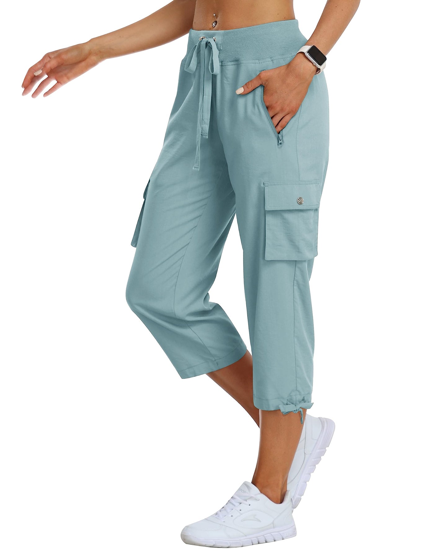 MoFiz Womes Capris Summer Cargo Hiking Pants Lightweight Quick Dry Running Athletic Shorts Casual Outdoor Zipper Pockets Dusty Blue XL