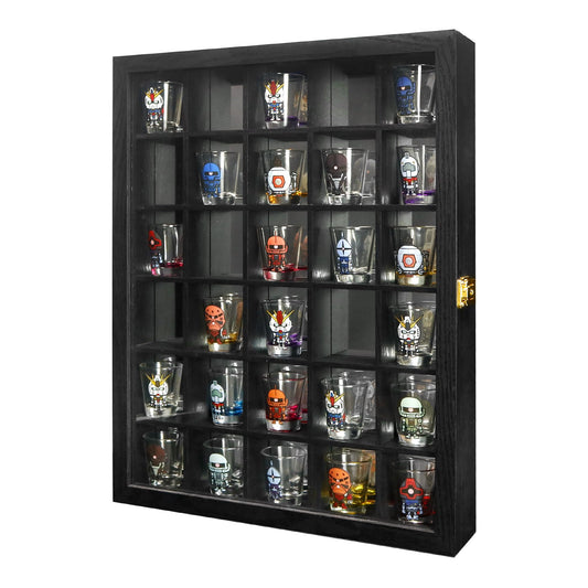 FramePro Black Shot Glass Display Case 30 Slots with Mirror Background Large Wooden Cabinet Rack Holder Mini Helmet Collection Wall Mounted Shadow Box Lockable with Tempered Glass Door 15.5*20 Inches