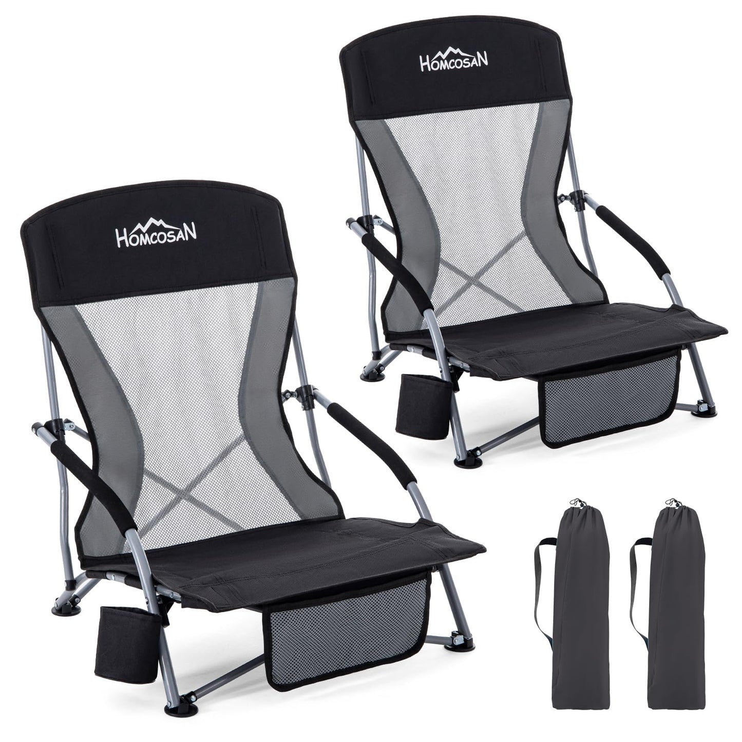 Homcosan Portable Low Folding Beach Chairs Set of 2 - Lightweight Camping Chairs for Adults with Cup Holder & Storage Pockets, Carry Bag Included (Black & Gray)