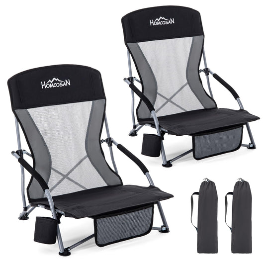 Homcosan Portable Low Folding Beach Chairs Set of 2 - Lightweight Camping Chairs for Adults with Cup Holder & Storage Pockets, Carry Bag Included (Black & Gray)