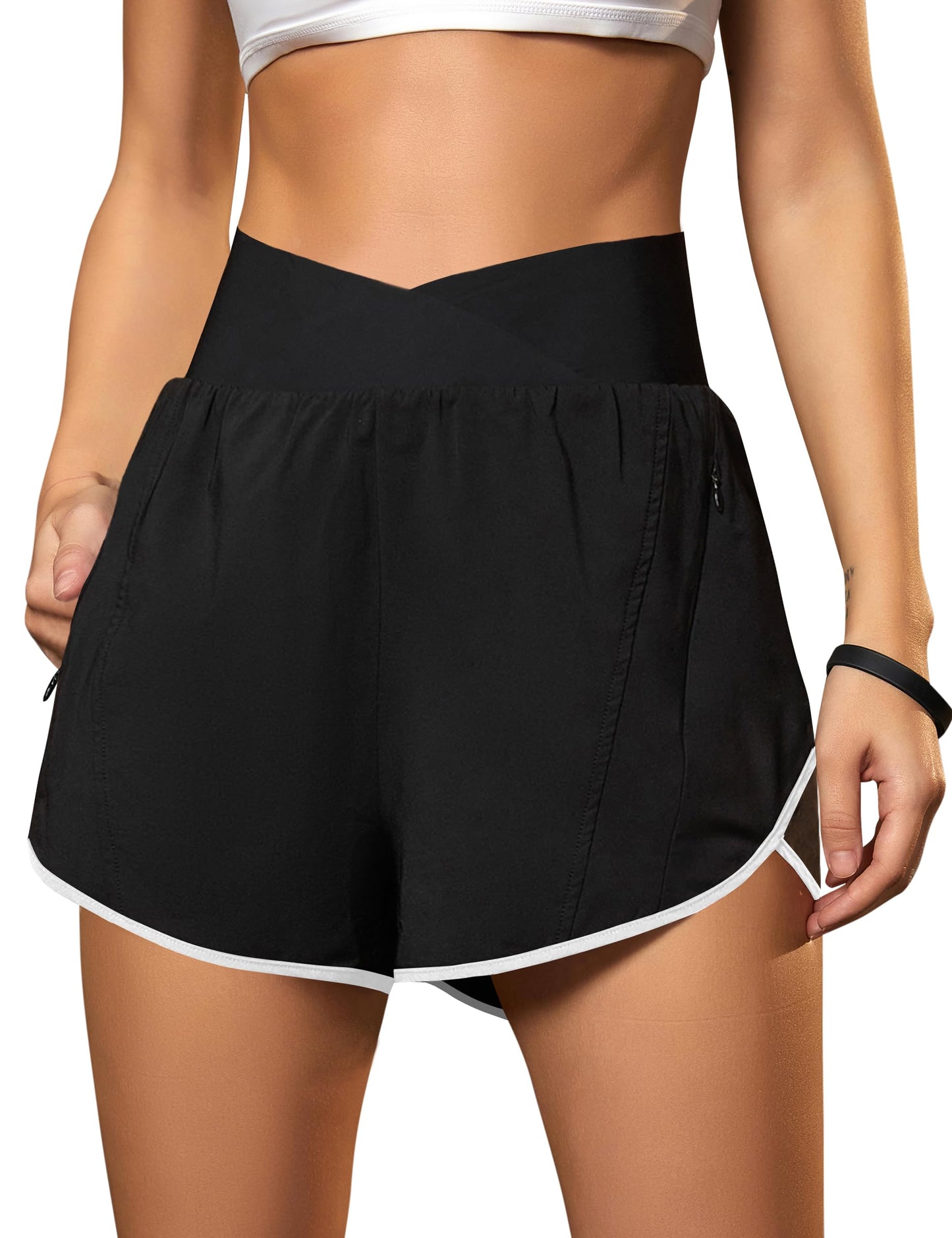 Blooming Jelly Women's Workout Shorts Athletic Running Cross V Cut Waist Work Out Preppy Shorts with Zipper Pockets (Black and White,X-Large)