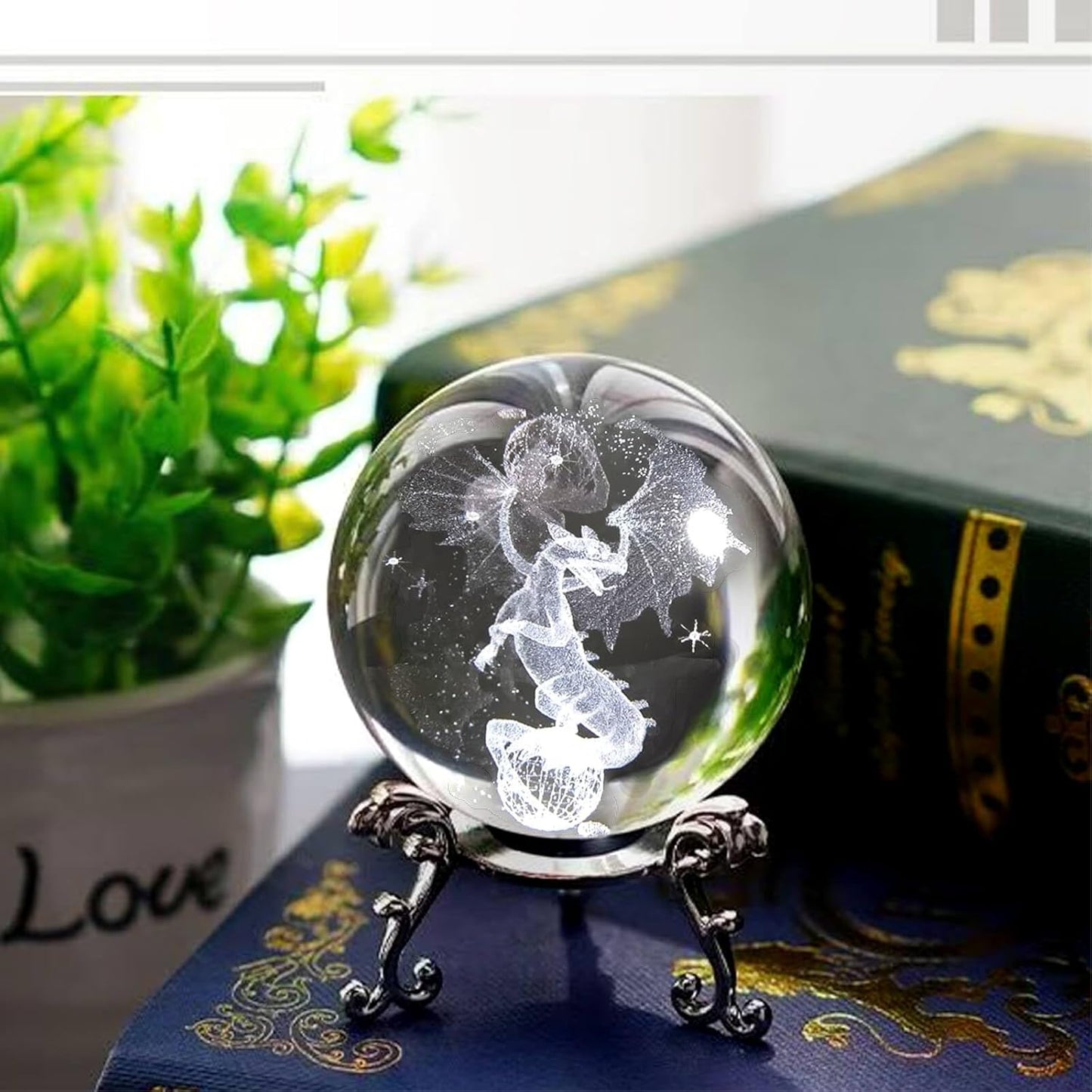 3D Dragon Crystal Ball Paperweight, 60mm Laser Engraved Dragons Figurines Glass Sphere Decorative Balls with Stand, Crystal Dragon Gifts for Women Men Kids (Dragon-New)