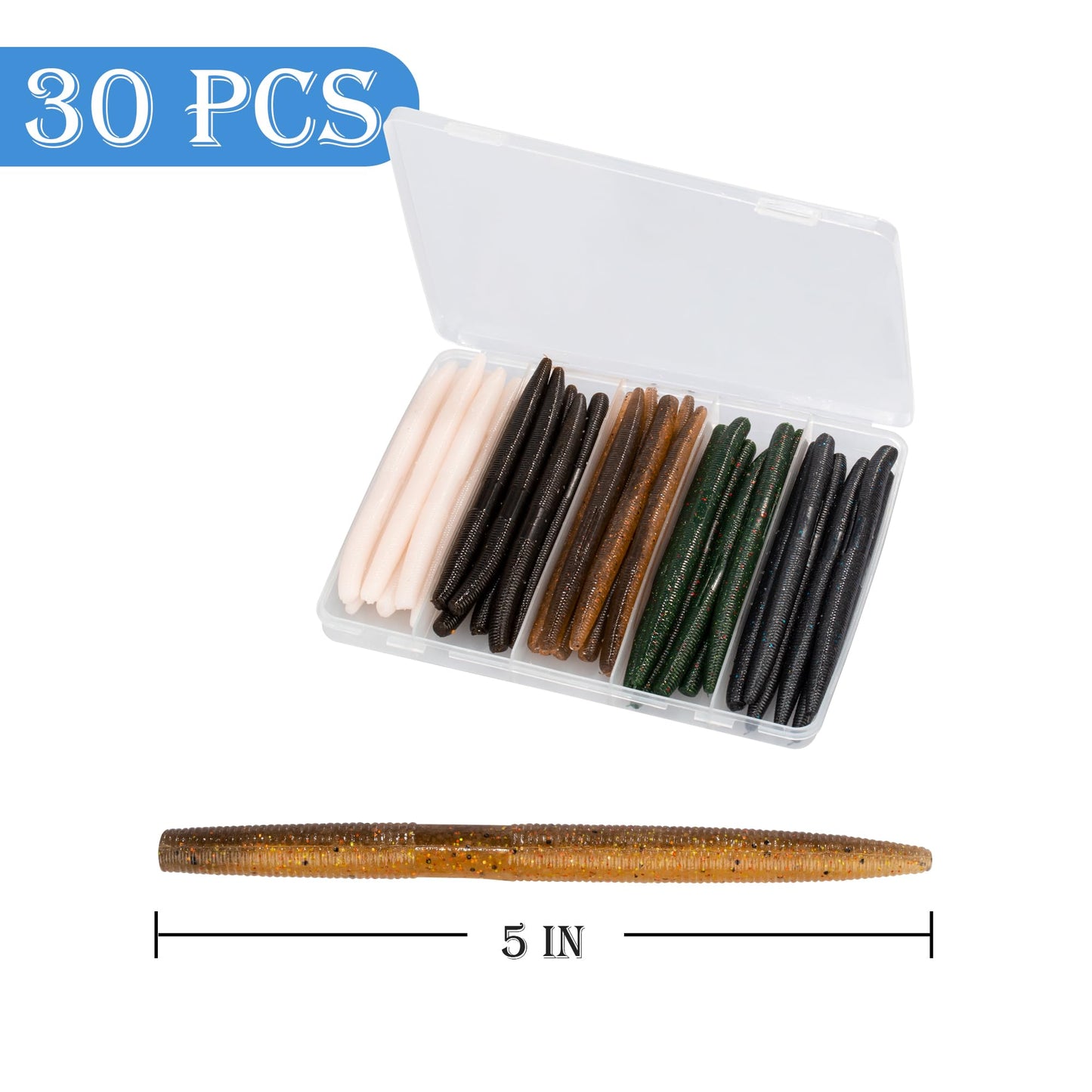 Bombrooster Fishing Soft Plastic Lures, 5 Inch Rubber Fishing Worms, Salt Impreatation Senko Worms for Bass Fishing (30 Pack)