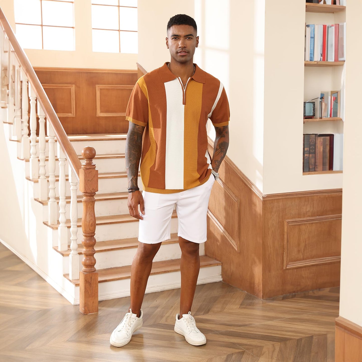 Men's Fashion Polo Shirts Vintage Striped Knitting Shirts Casual Slim Fit Golf Shirts Caramel