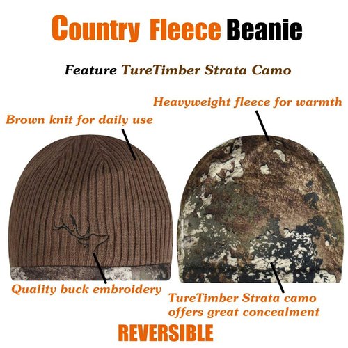EDTREK Reversible Windproof Fleece Beanie Hat - Warm Winter Hat for Hunting Fishing Camping in Cold Weather (Brown with TT Strata Camo， Large)