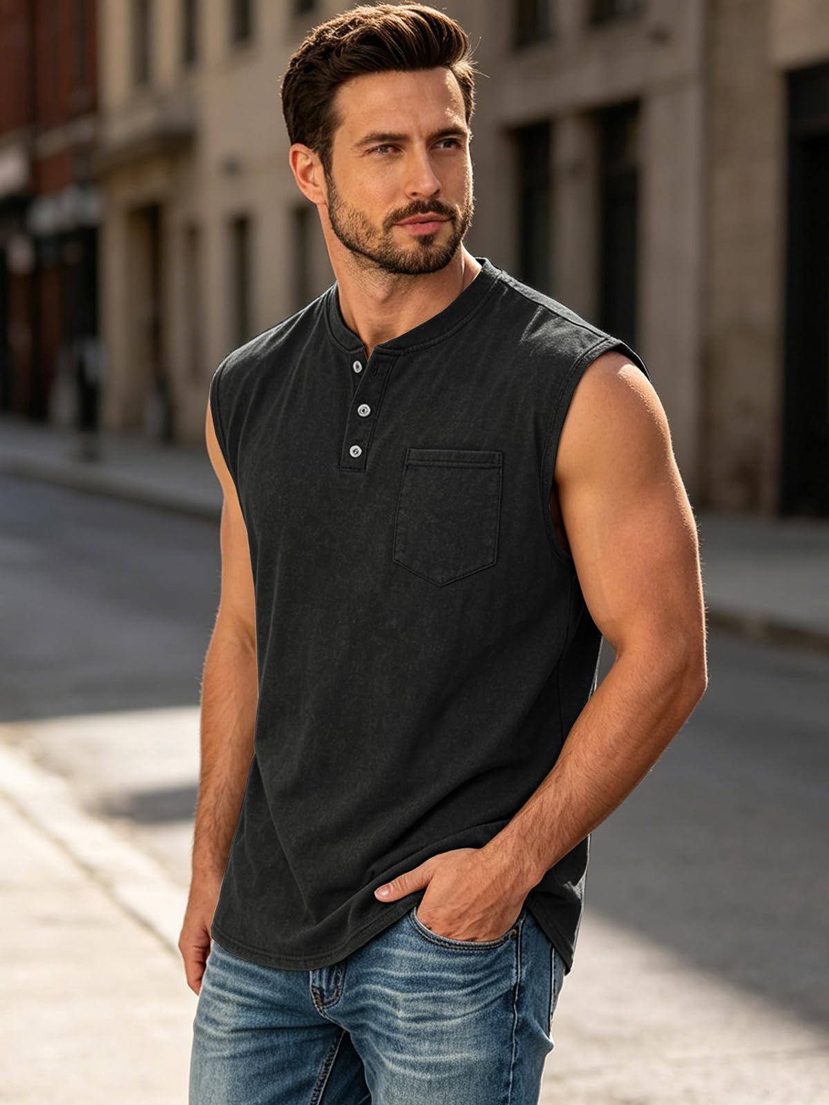 KEEPSHOWING Mens Workout Tank Tops Vintage Sleeveless Henley Shirts Muscle Gym Running Shirts Acid Wash Tops with Pocket(BK,XL) Black