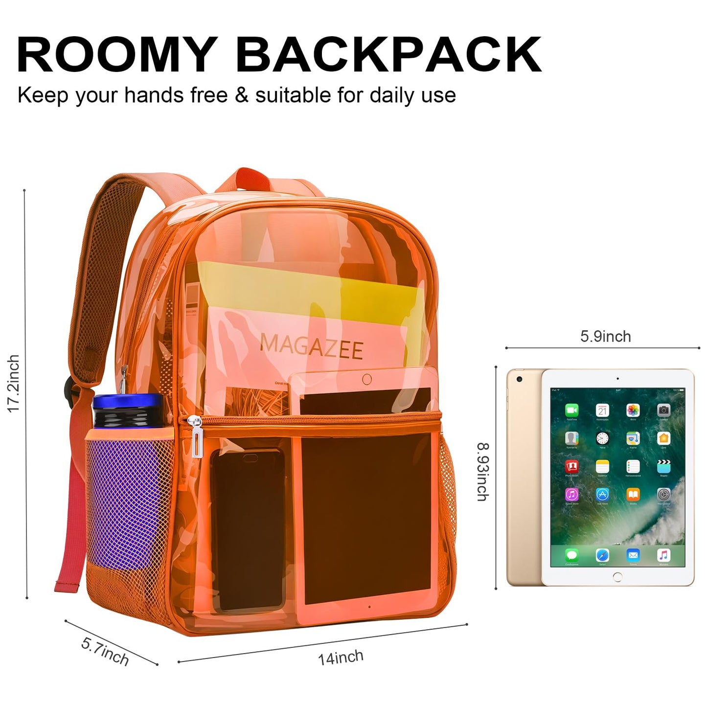 REAWUL Clear Backpack Heavy Duty Large TPU Transparent Backpacks See Through Backpacks for Security Travel,College. (Orange)