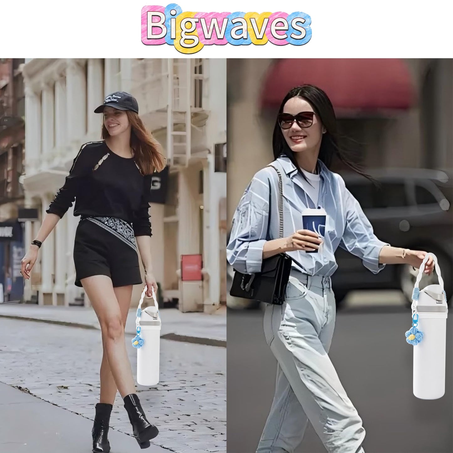 Bigwaves Bottle Silicone Handle Strap,Compatible Owala Freesip Water Bottle - Fits 16oz to 40oz, Water Bottle Carrier Grip Accessories for Running Bike, Gym Or Jogging (with Flower, Blue)