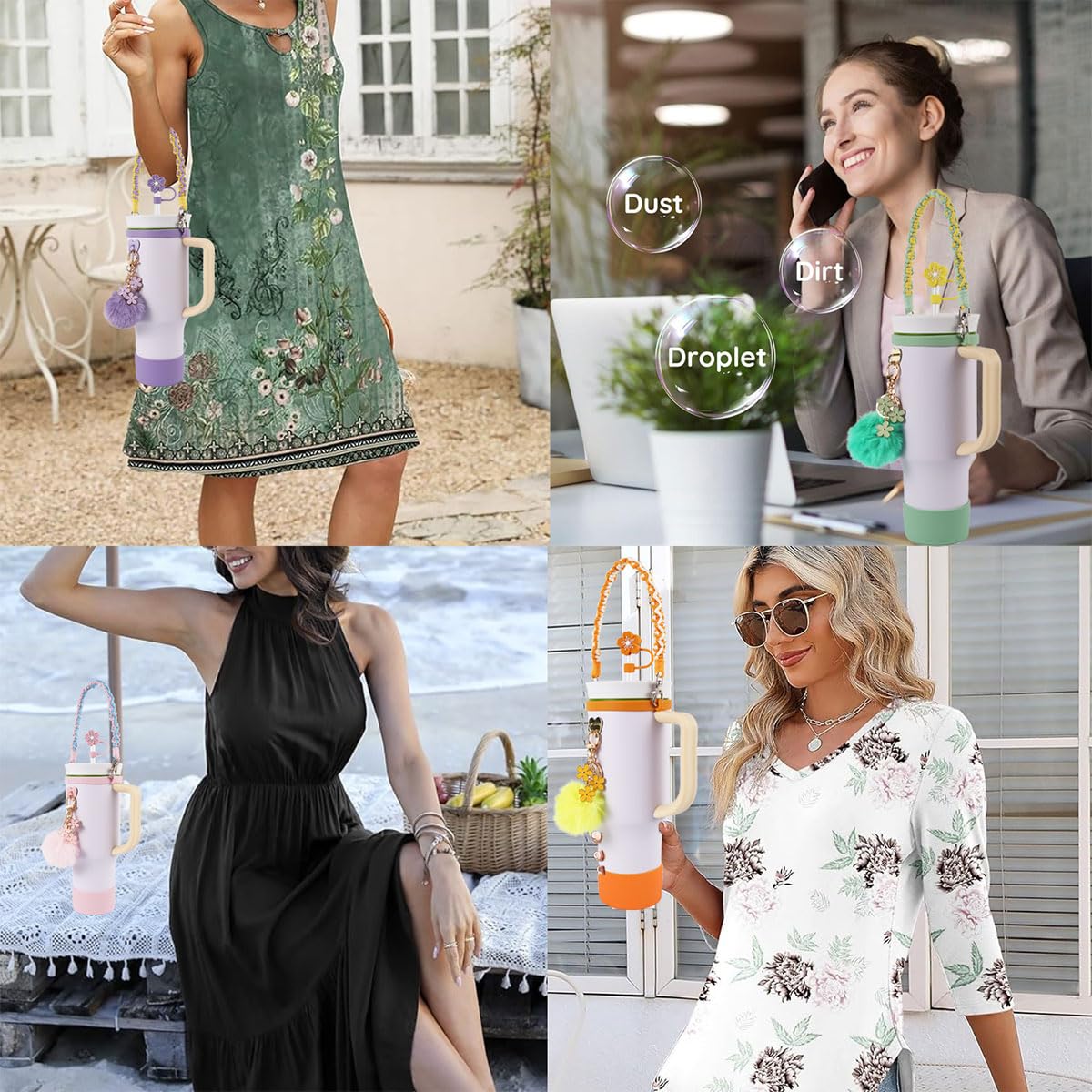 AAUP Cup Accessories Set, Includes Water Bottle Holder,Straw Cover,Silicone Boot,Pompom Ball,Daisy key-chain, Compatible with Stanley Cup16oz 24oz and 40oz (Flower pink)