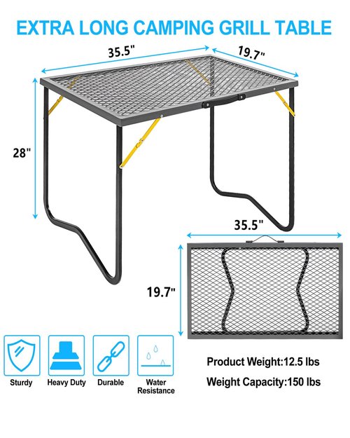Portable Folding Grill Table, Outdoor Camping Table with Mesh Tabletop, Metal Grid Table for Patio, Picnic, Garden,BBQ and Beach, 35.5" L x 19.7" W