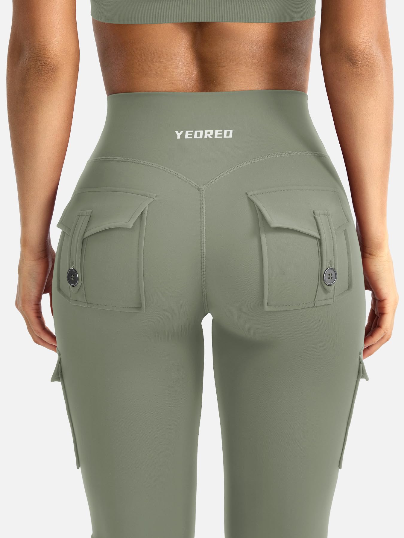 YEOREO CoreFlex Women Workout Flare Leggings with Pockets Hidden Scrunch High Waisted Cargo Gym Yoga Leggings Light Army Green XS