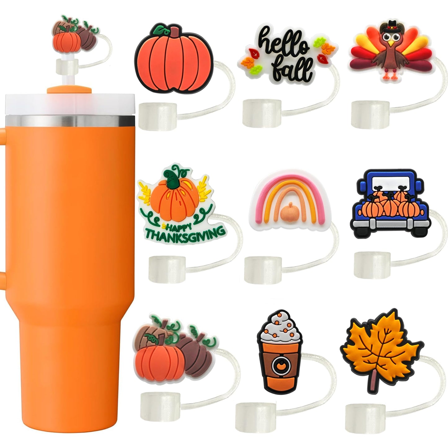 9PCS Thanksgiving Straw Cover Cap for Stanley Cup,Turkey Reusable Soft Silicone Fall Straw Toppers for Stanley 30&40 Oz Tumbler