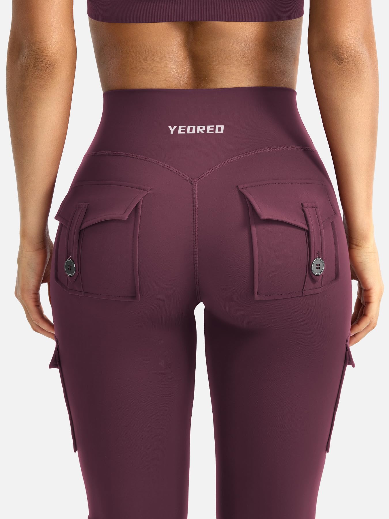 YEOREO CoreFlex Women Workout Flare Leggings with Pockets Hidden Scrunch Cargo Gym Yoga No Front Seam Leggings Black Cherry S