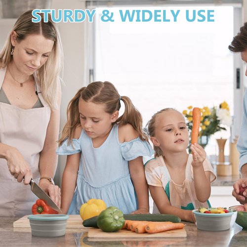 Suclain 4 Pcs Camping Bowl with Lid Collapsible Silicone Lunch Box Salad Bowl Expandable Food Storage Container Folding Travel Container for Hiking Camping(Blue Rim Gray,12 oz)