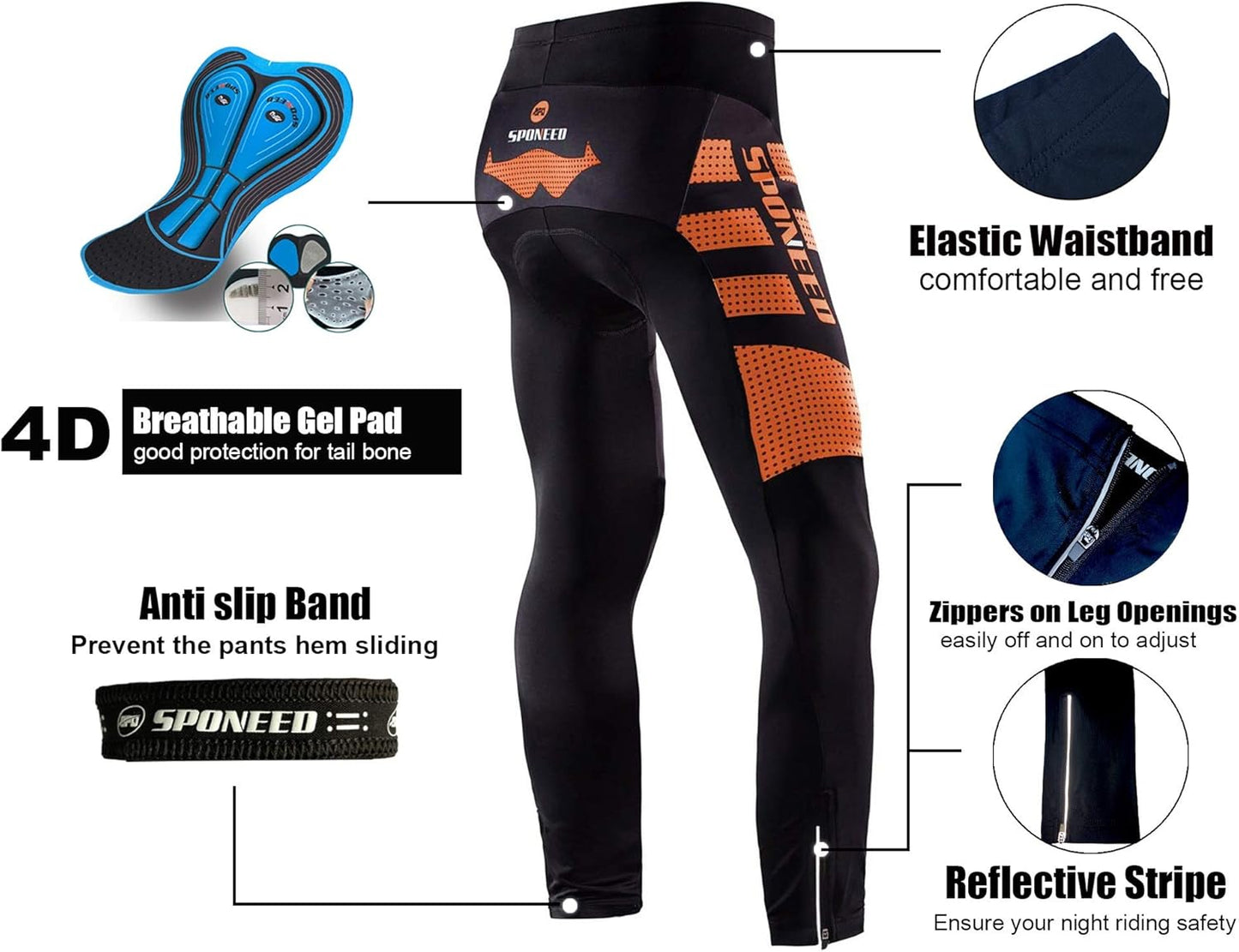 sponeed Men's Bicycle Pants 4D Padded Road Cycling Tights Leggings Outdoor Cyclist Riding Bike Wear