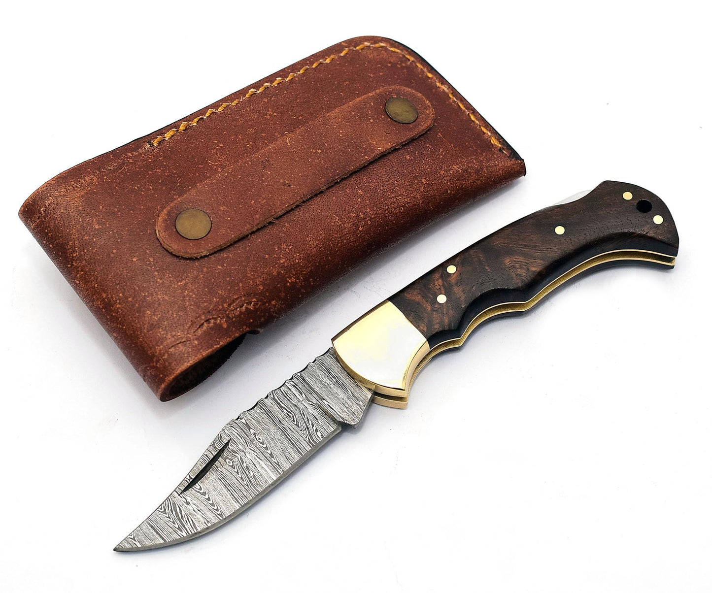 Sky Knives 6.5" Handmade Damascus Steel Folding Hunting Knives For Men, Pocket Knife For Camping, Survival, Skinning And Outdoor Activities With Leather Sheath. (Rosewood)