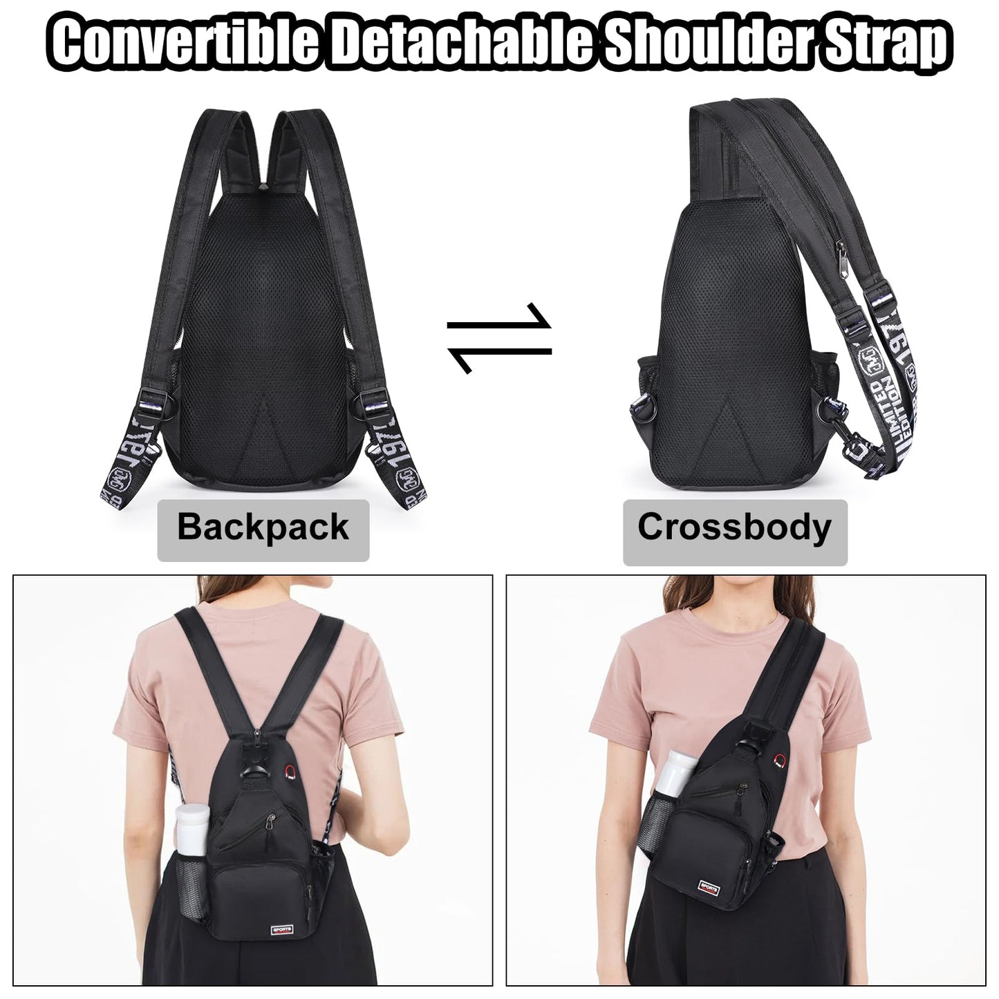 Geestock Crossbody Sling Bag for Men & Women, 2-1 Small Backpack Convertible Sling Backpack Waterproof Shoulder Chest Bag for Daypack Travel Hiking (Black)
