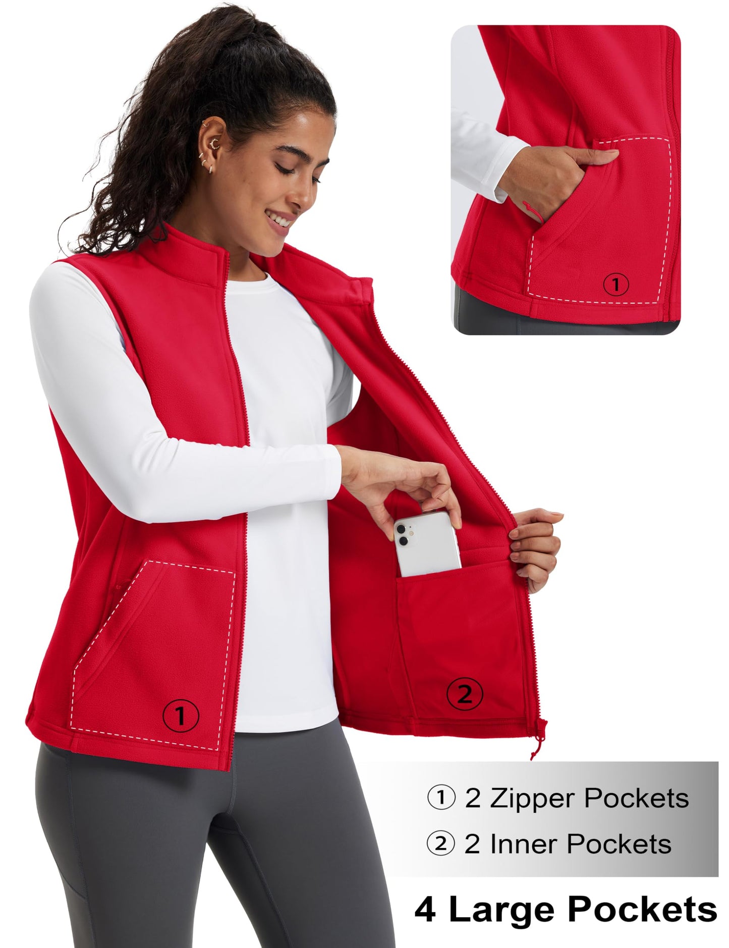 MAGCOMSEN Red Vest Women Sleeveless Polar Fleece Vests with Zipper Stand Collar Fall Winter Jacket Outerwear Warm