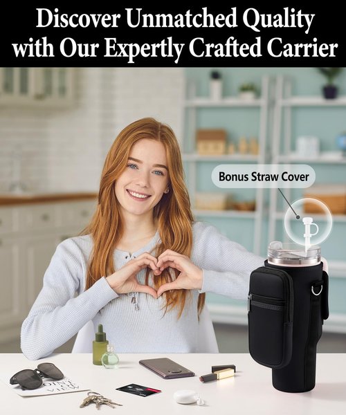 Carrier Bag with Phone Pocket & 2 Strap for Stanley 40 oz Tumbler with Handle & Fits Simple Modern 40oz - Water Bottle Accessories Sling Sleeve Holder for Stanley Cup with Shoulder & Hand Strap