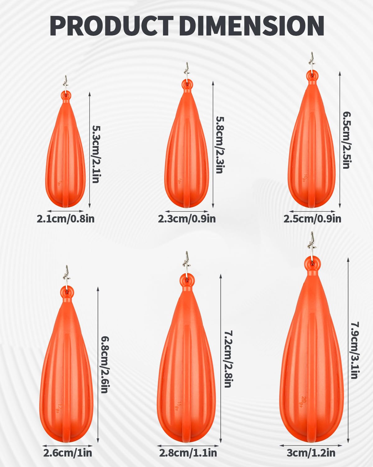 Abvsdu 6 PCS Fishing Practice Plugs - 6 Mixed Sizes Orange Bait Casting Practice Plug, Suitable for Children to Improve Throwing Skills (1/5 oz, 1/4 oz, 3/8 oz, 2/5 oz, 1/3 oz, 3/4 oz)