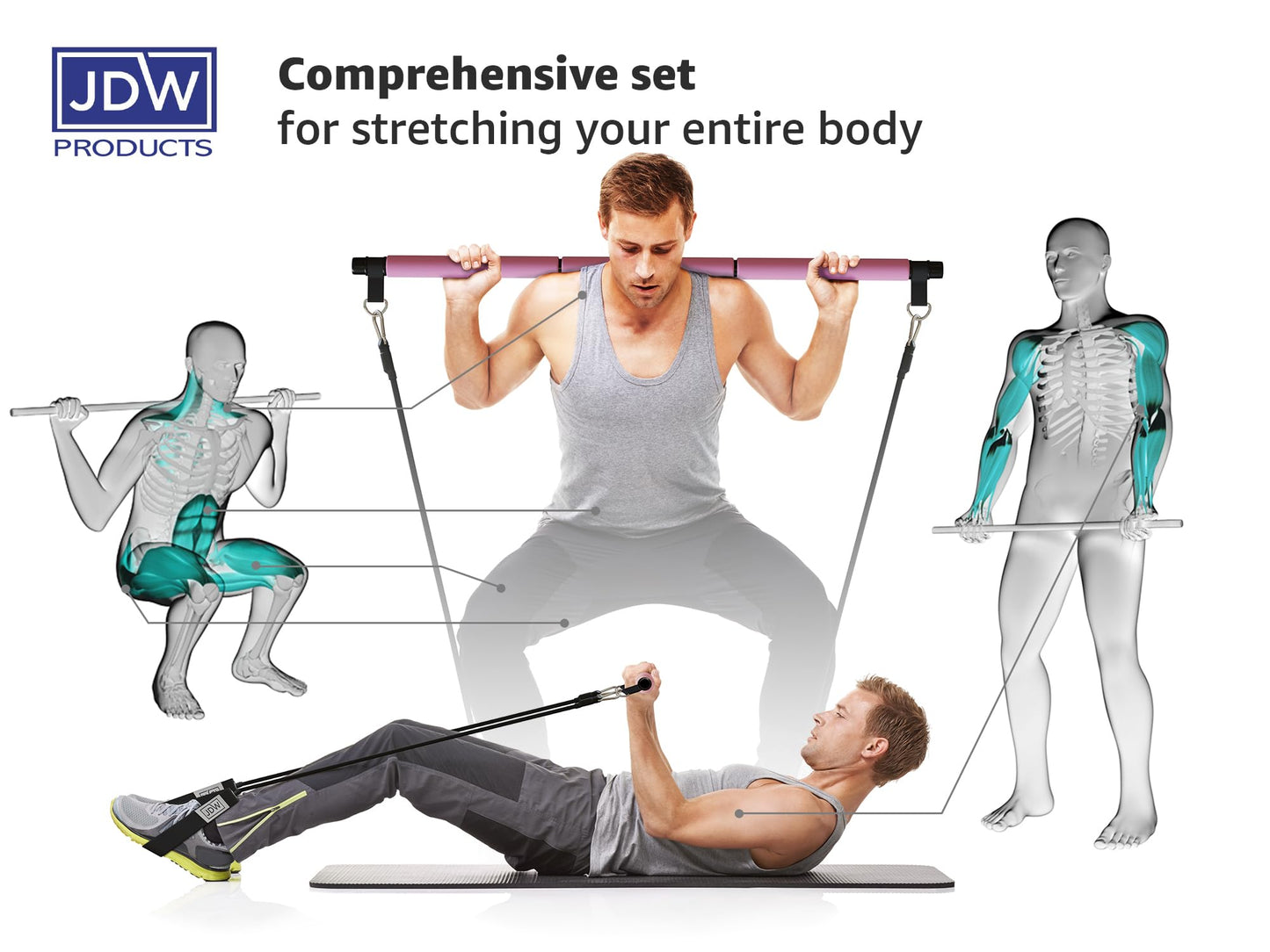 JDW Products Pilates Bar Kit | 2 Standard & 2 Strong Bands for Full-Body Workout | Storage Bag Included | Fitness Equipment for Home Gym, Yoga