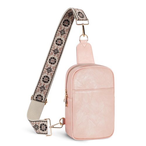MoKo Vegan Leather Sling Bag - Small Trendy Casual Adjustable Detachable Shoulder Strap Crossbody Bags for Women and Men Daily Hiking Travel, Light Pink