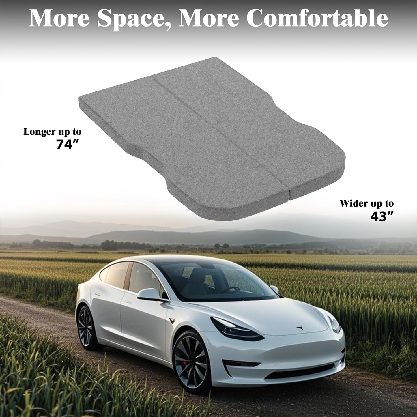 Ferlizer 4" Memory Foam Camping Mattress for Tesla Model 3, 74" x 43", Foldable Car Sleeping Pad with Plush Washable Cover, CertiPUR-US Certified, Grey