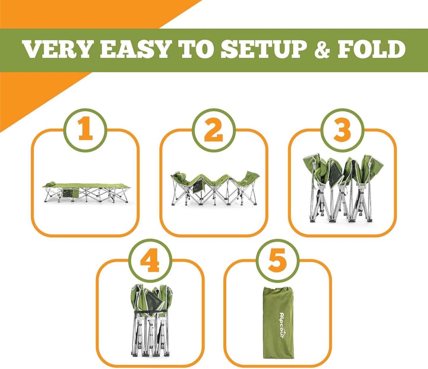 Alpcour Folding Camping Cot – Extra Strong Single Person Small-Collapsing Bed in a Bag w/Pillow for Indoor & Outdoor Use – Deluxe Comfortable Extra Heavy Duty Design Holds Adults & Kids Up to 440 Lbs