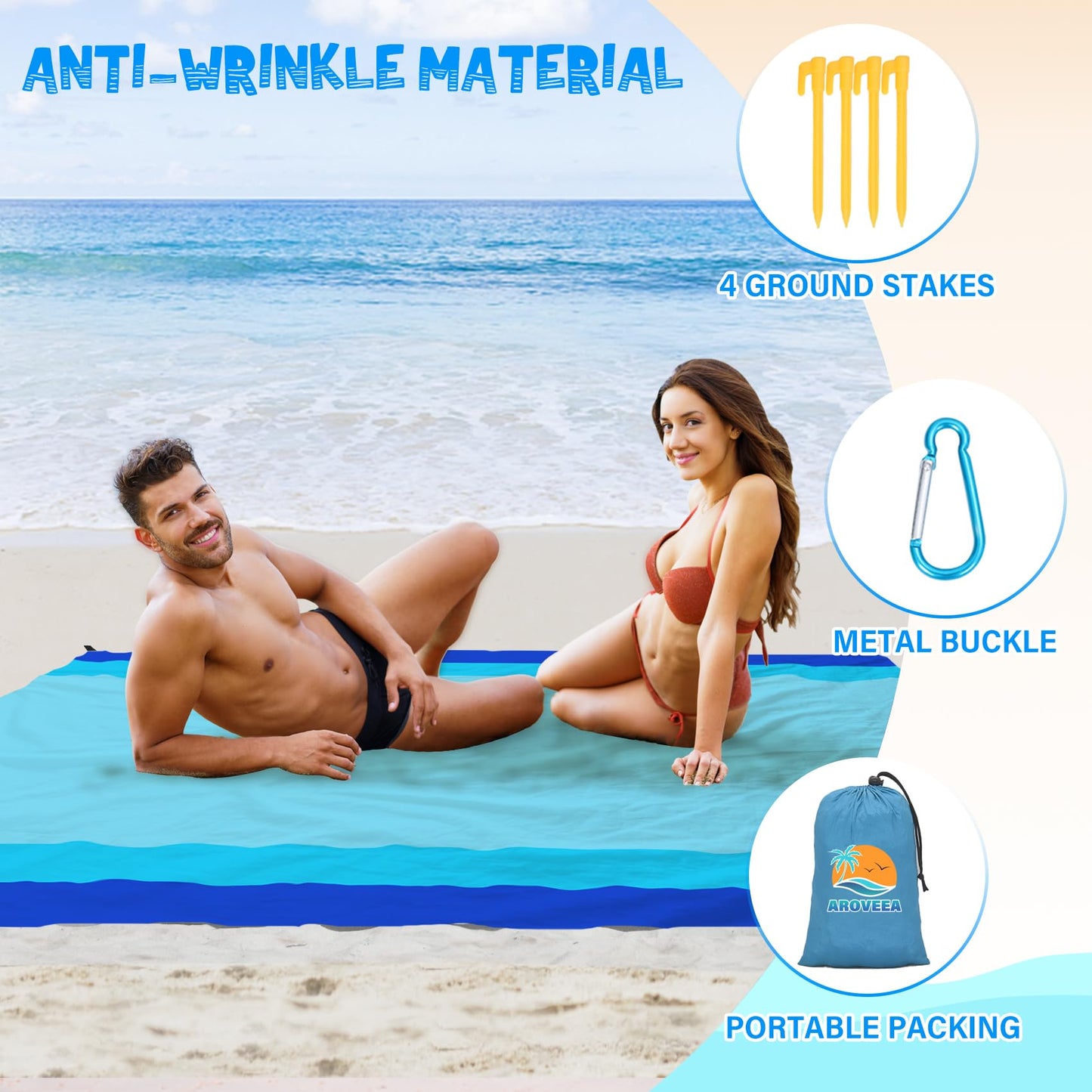 Aroveea Beach Blanket Waterproof Sandproof 1-7 Adult Oversized 78 '' × 81 '' Lightweight Durable Compact Sand Free Beach Mat for Travel Camping Hiking Picnic Blanket