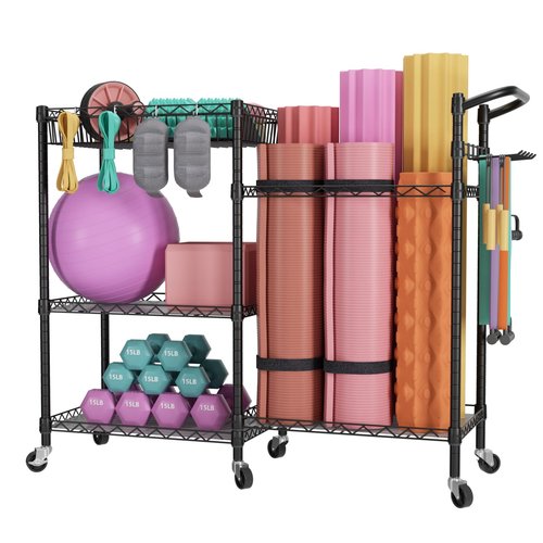 SINGAYE Dumbbell Rack Stand With Yoga Mat Storage, Gym Equipment Organizer, Cart for Workout Room, Home Gym With Hooks and Wheels Black