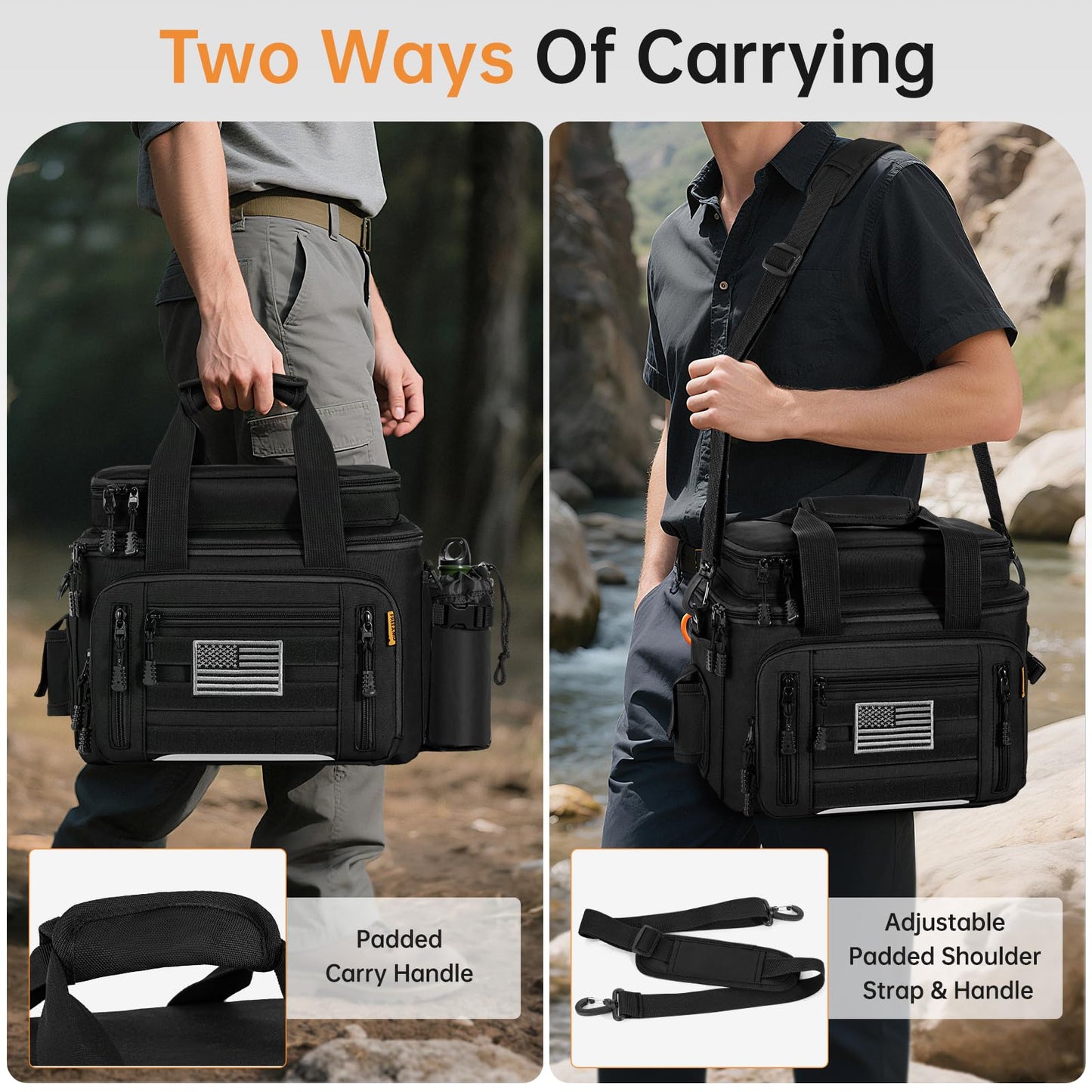 FREEAMG Fishing Tackle Bags - Saltwater & Freshwater Fishing Bag - Padded Shoulder Strap Fishing Bags - Gear Storage for Tackle Box (Black) (Does not come with box)