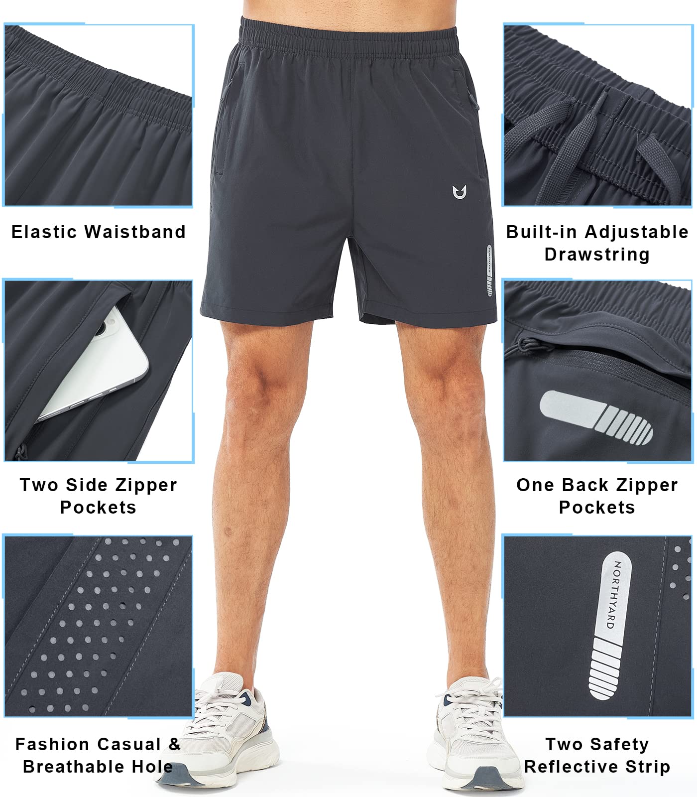 NORTHYARD Men's Athletic Running Shorts Gym Workout 7"/9"/5" Quick Dry Lightweight Sports Basketball Tennis 3 Zipper Pockets DARKGREY-5inch 4XL