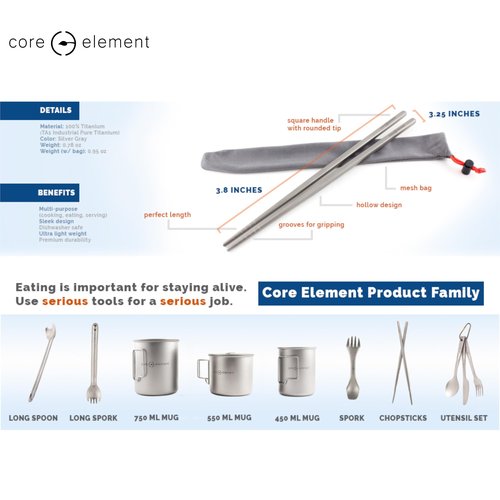 Core Element Titanium Chopsticks 9" Square Handle Grooved Rounded Tip Lightweight Eco-Friendly Durable Survival Utensil Tool Perfect for Camping, Home, Travel (Pack of 2 Pairs)