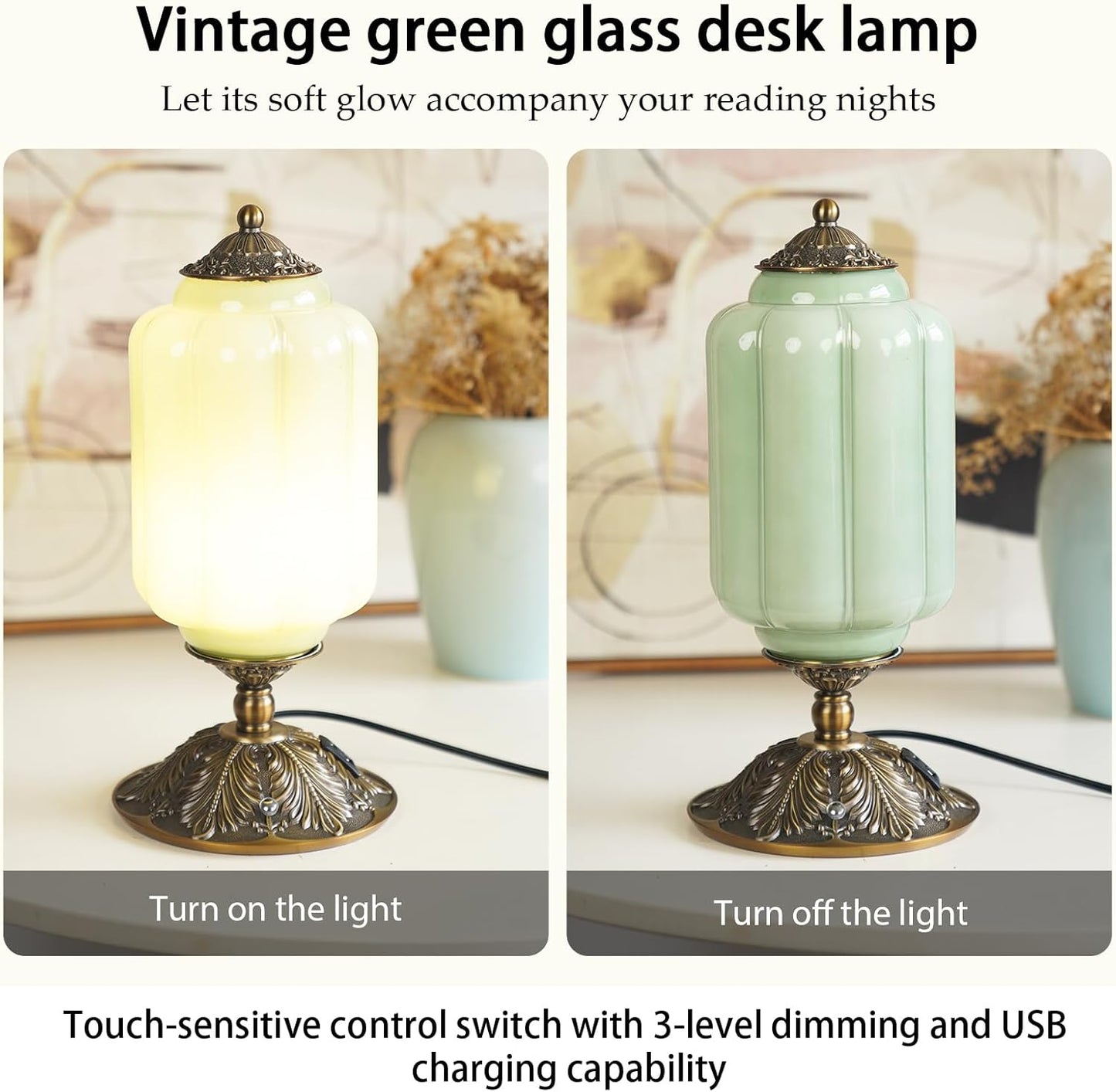 Milk Glass Touch Table Lamp, Elegant Green Jadeite Glass Bedside Desk Lamp 3 Way Dimmable with USB C+A Charging Ports - Bedroom Nightstand & Living Room Essential, 4W Bulb Included (Green, 6.5)