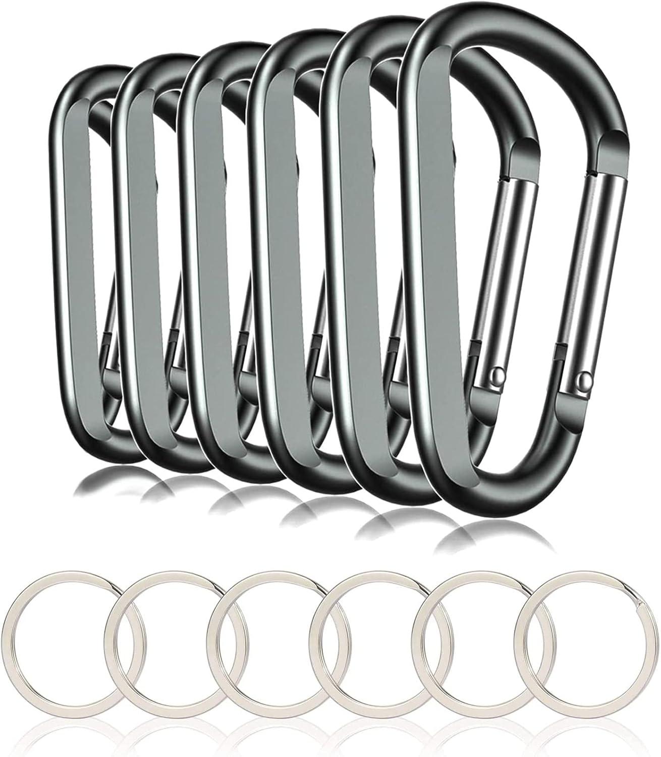 6PCS Black Carabiner Caribeaner Clip,3" Large Aluminum D Ring Shape Carabeaner with 6PCS Keyring Keychain Hook…
