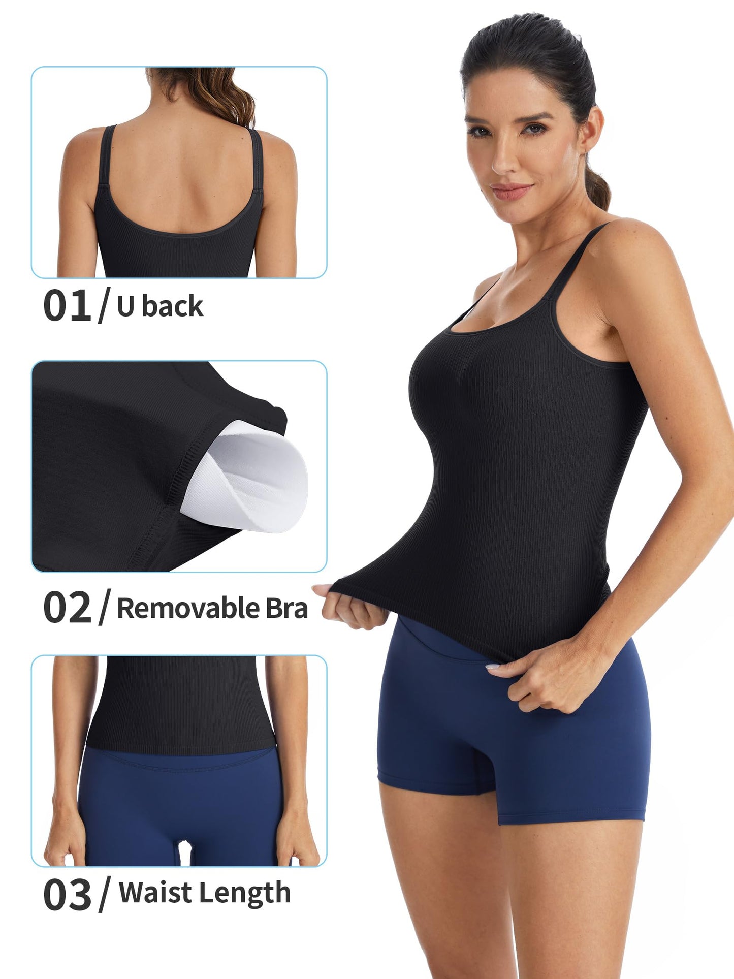 ATTRACO Ribflex Tank Top with Built in Bra for Women Black Workout Tank Backless Yoga Tops Gym S